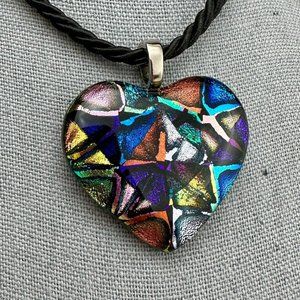 Dichroic Fused Glass Heart Pendant, OOAK, incl 16" twisted satin cord, Art Glass